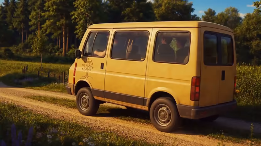 Het gele busje op weg naar de volgende locatie