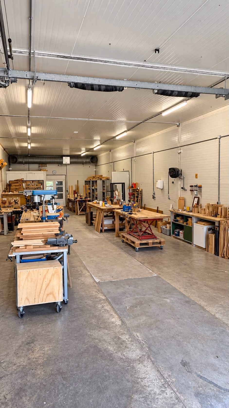 De grote, lichte hal van de Houtwerkplaats met werkbanken, een kolomboormachine en stapels planken