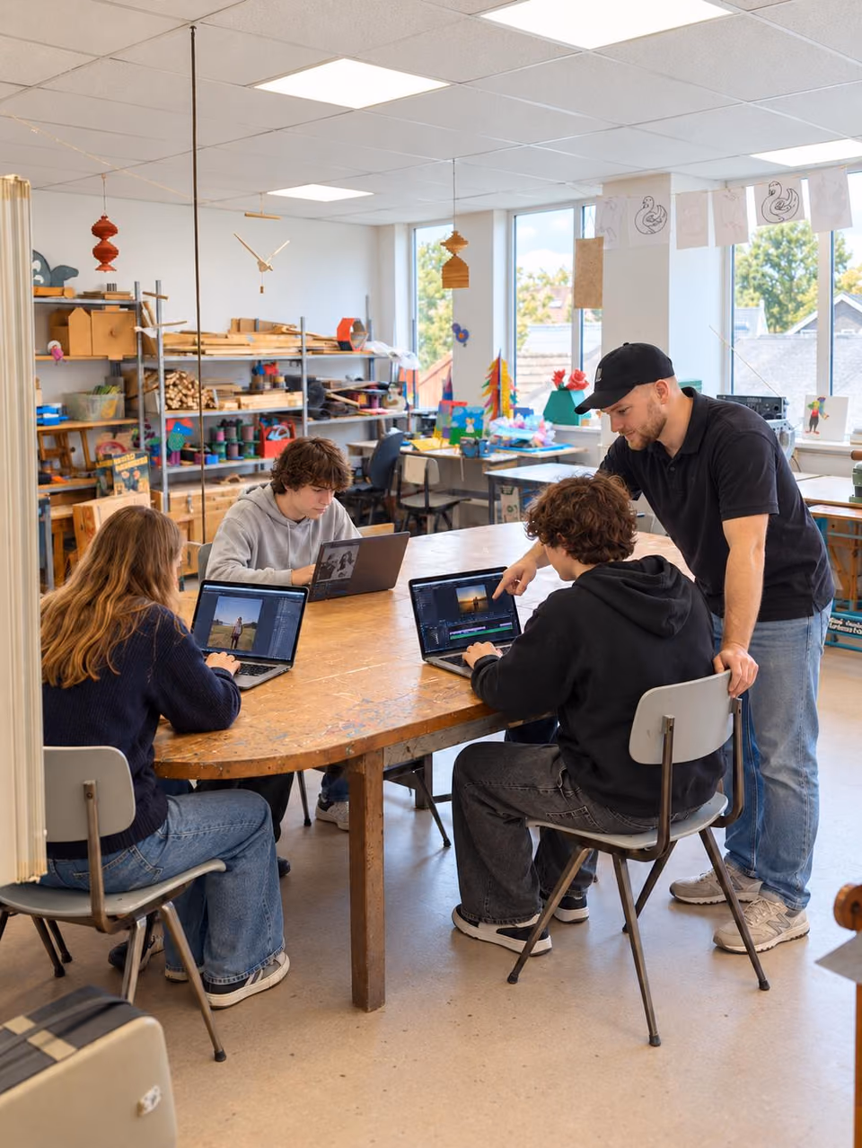 Drie jongeren werken op laptops aan een ronde tafel, een begeleider kijkt mee