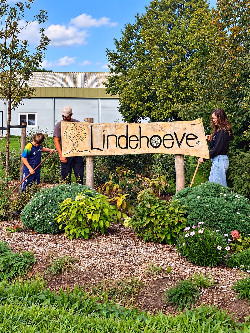 Deelnemers aan het werk in de tuin bij het Lindehoeve-bord